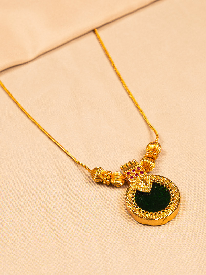 Traditional Gold Palakka Necklace with Green Enamel Pendant