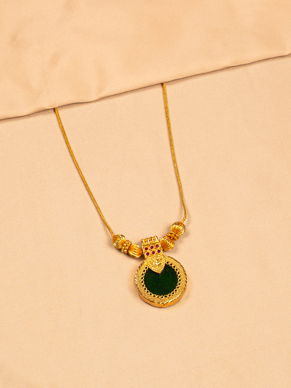 Traditional Gold Palakka Necklace with Green Enamel Pendant