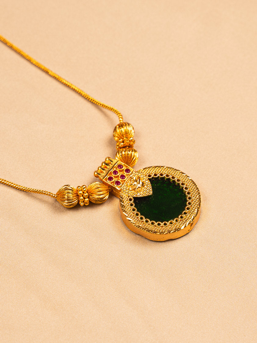 Traditional Gold Palakka Necklace with Green Enamel Pendant