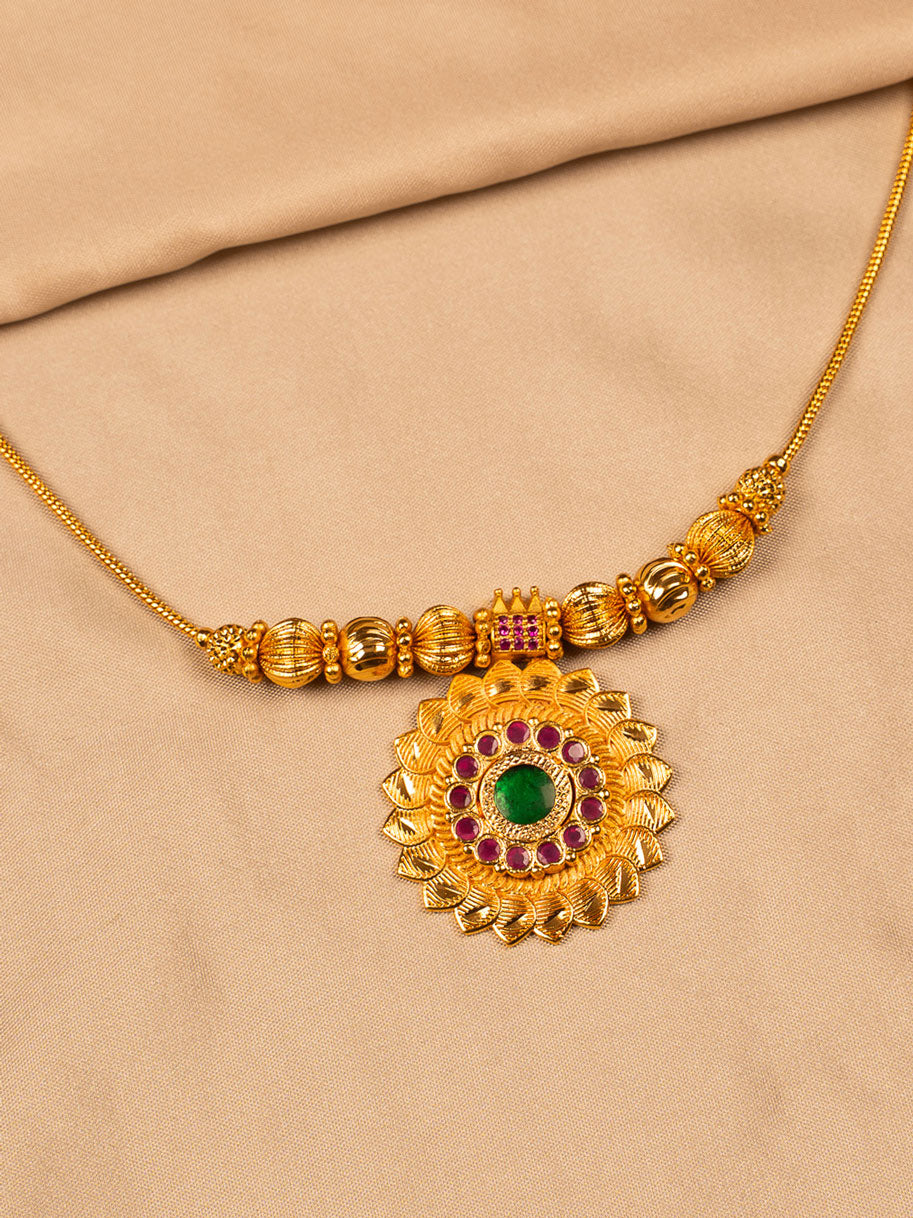 Traditional Palakka Gold Necklace with Green & Ruby Stones