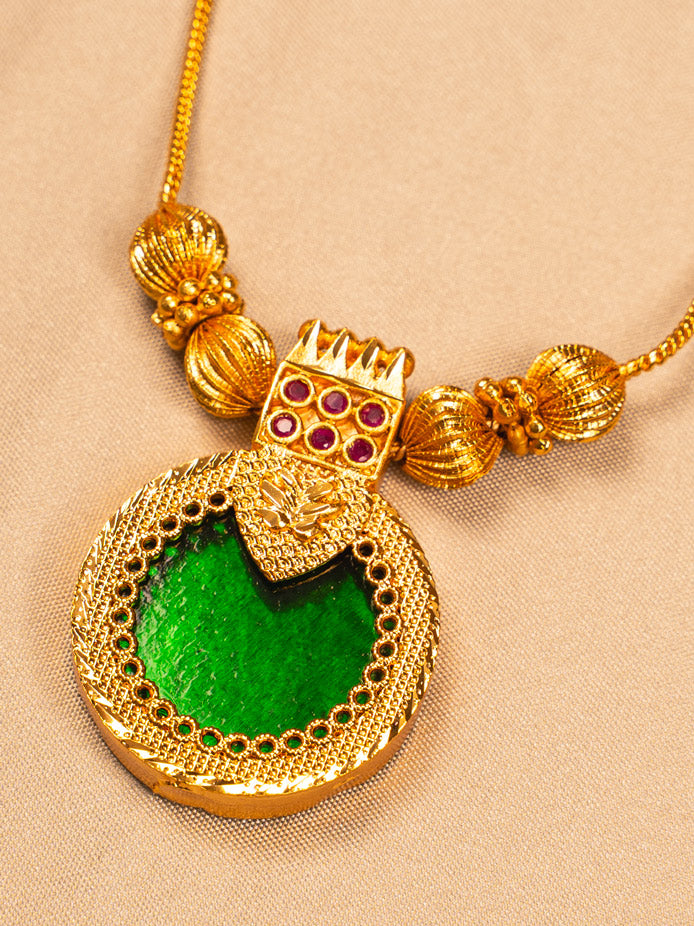Traditional Gold Palakka Necklace with Green Enamel Pendant