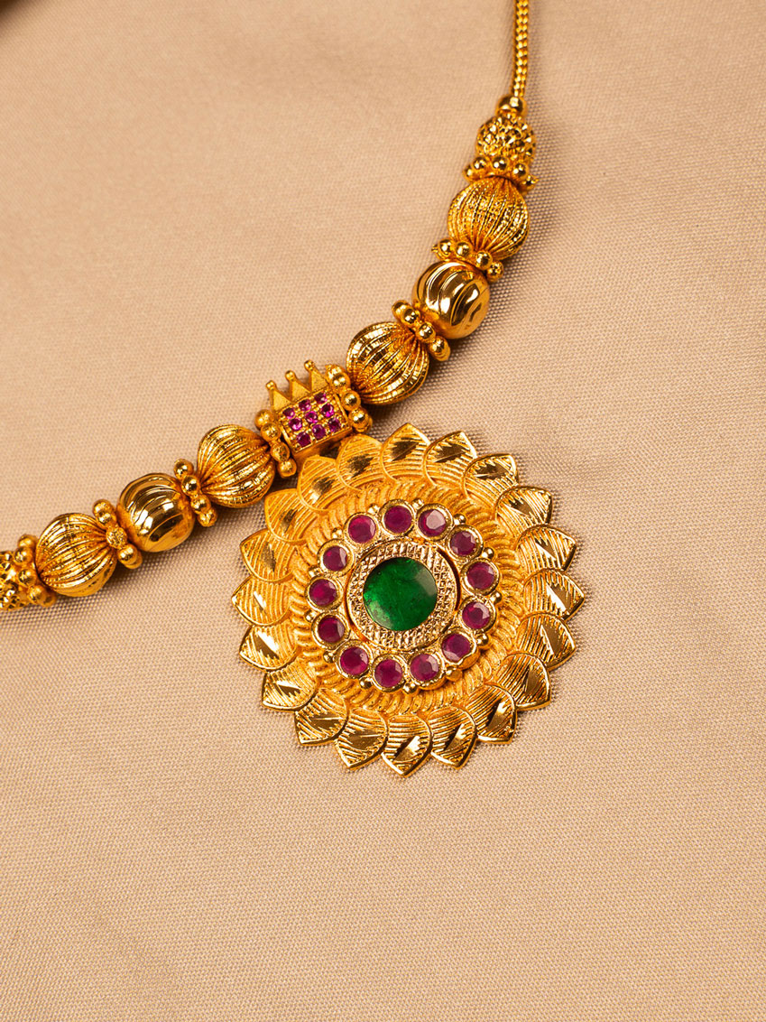 Traditional Palakka Gold Necklace with Green & Ruby Stones