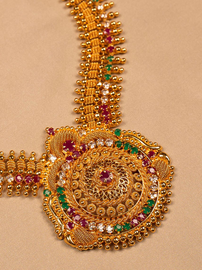 Traditional Gold-Plated Temple Necklace with Multicolor Stone Embellishments