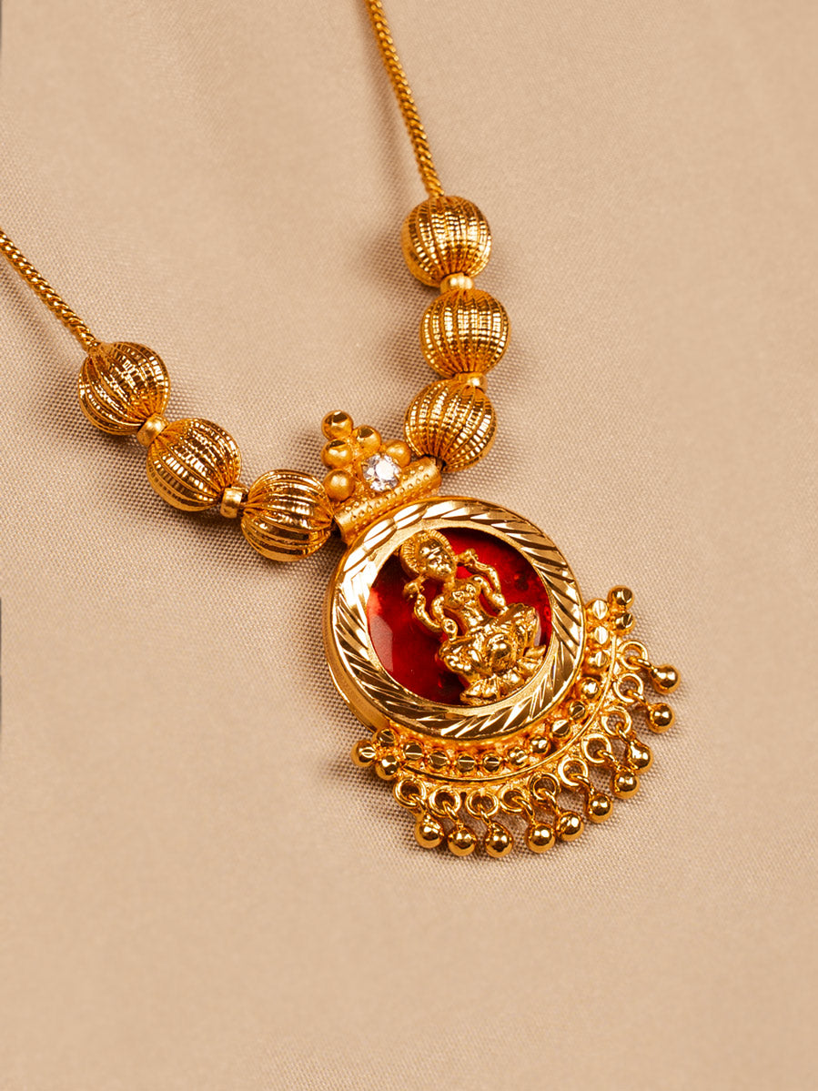 Traditional Lakshmi Pendant Necklace with Red Enamel and Gold Finish