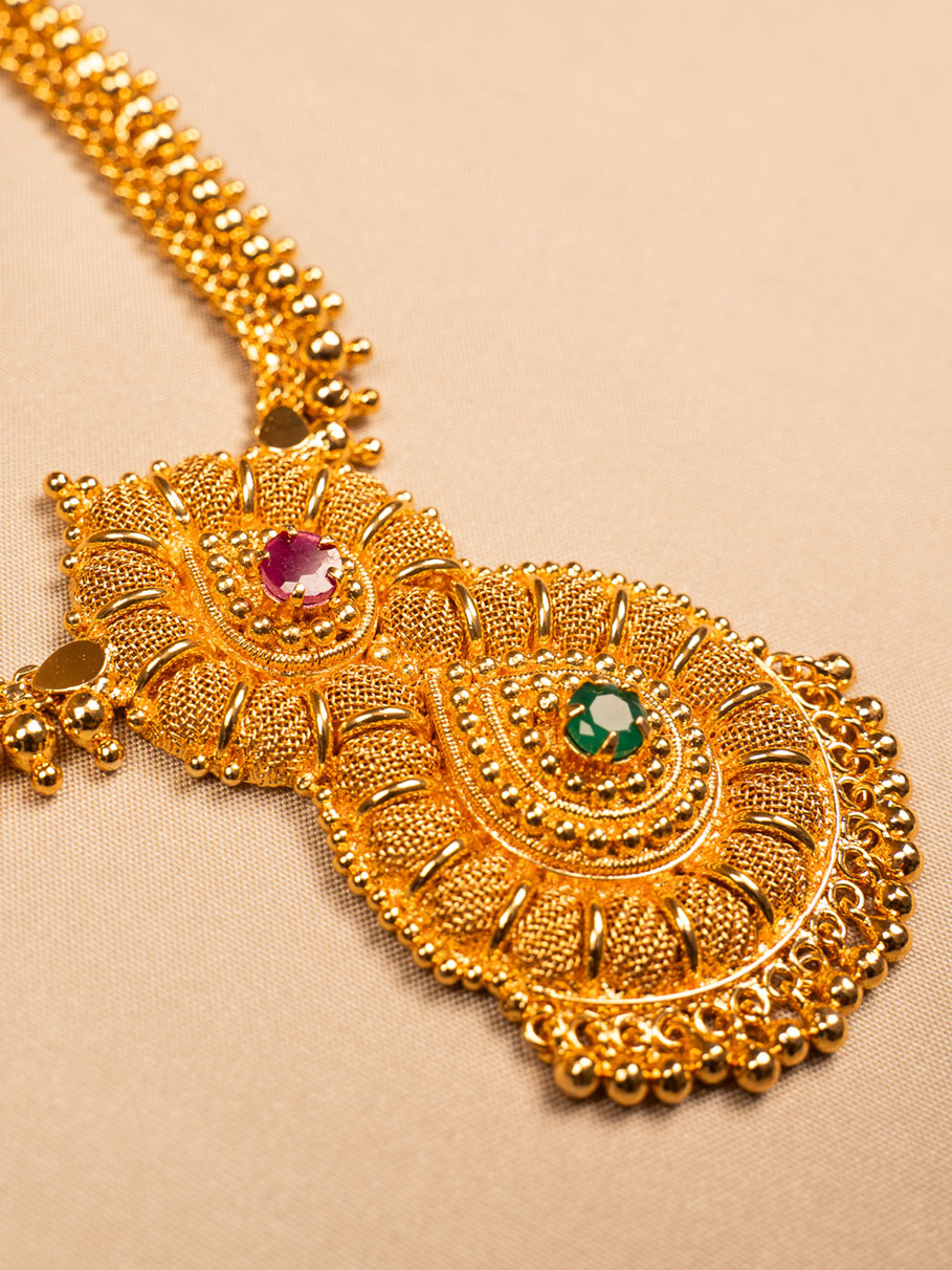 Traditional Gold Plated Pendant Necklace with Ruby & Emerald Touch