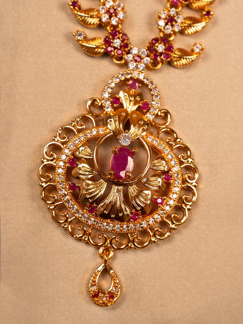 Floral Red Stone Temple Necklace – Antique Gold Plated