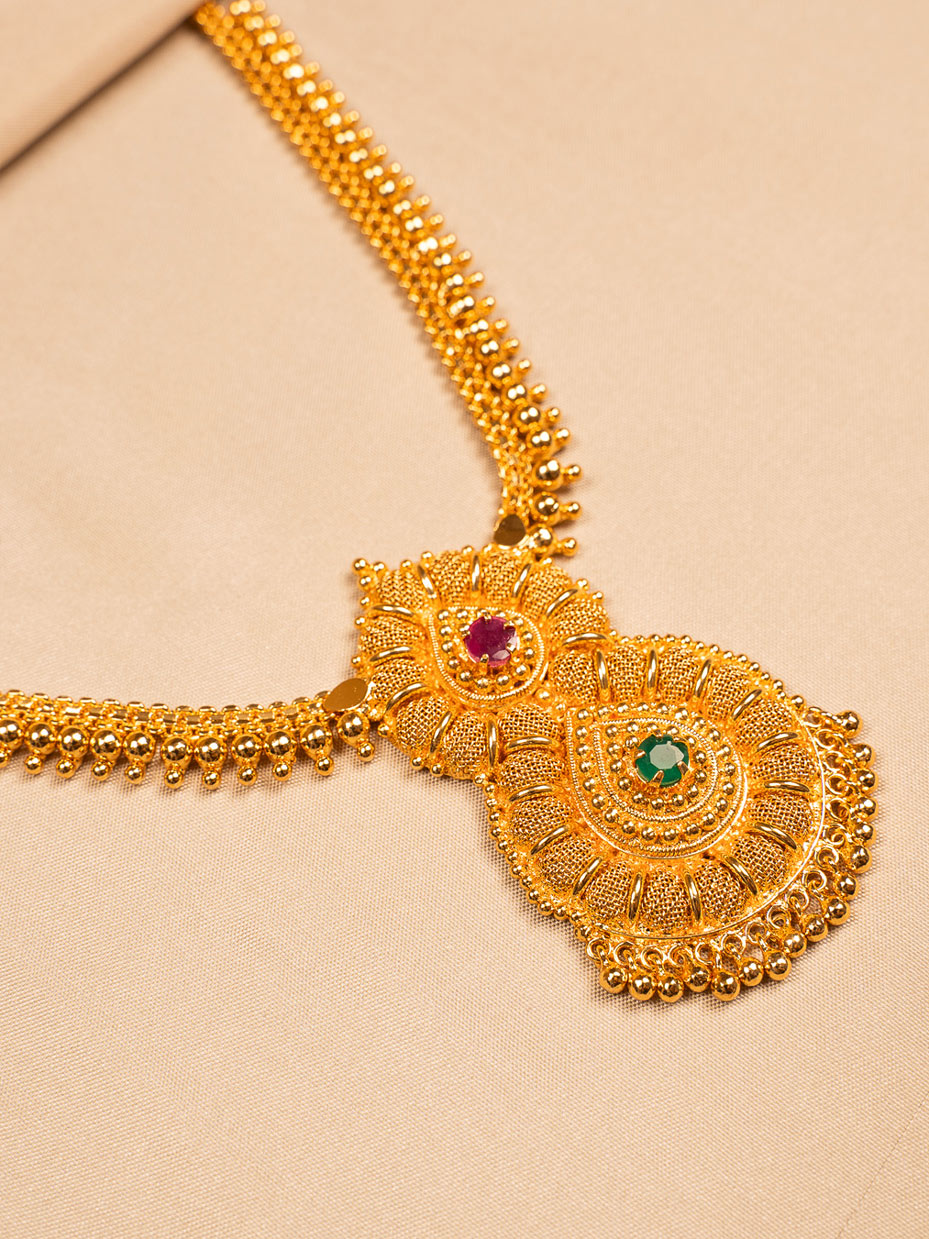 Traditional Gold Plated Pendant Necklace with Ruby & Emerald Touch