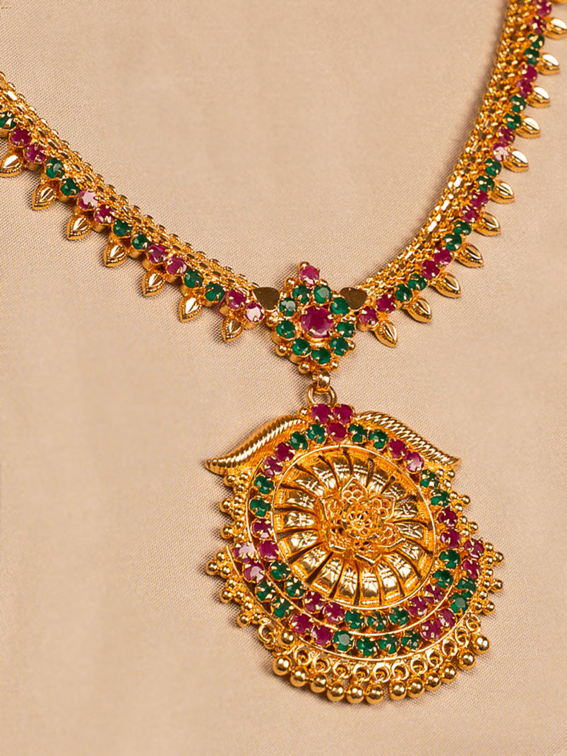 Traditional Mango Motif Necklace with Green & Red Stones