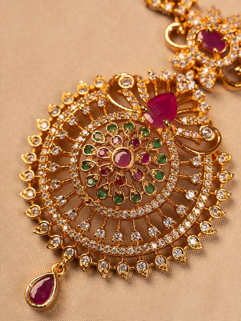 Bridal Temple Necklace with Ruby, Emerald & CZ Stones