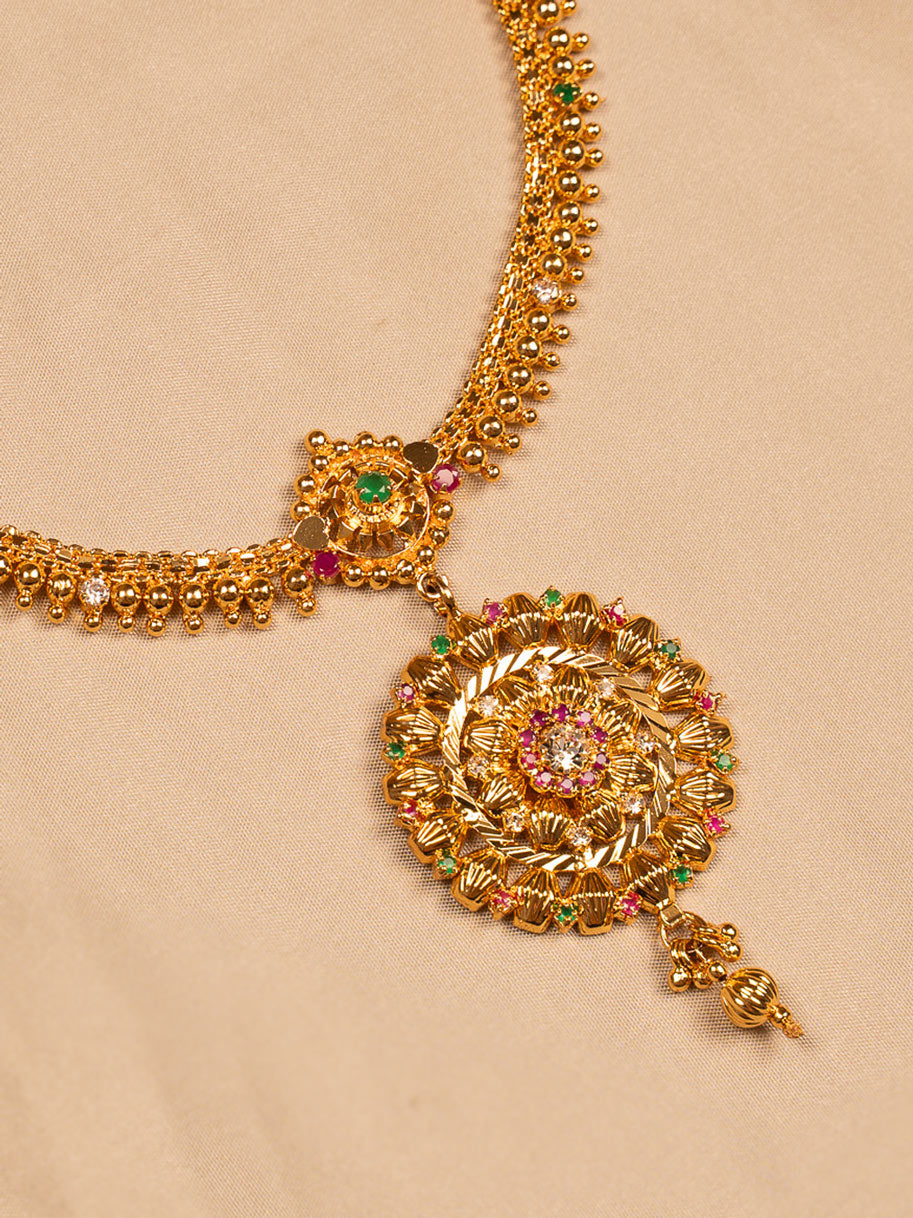 Floral Mandala Gold Necklace with Multicolor Gem Accents
