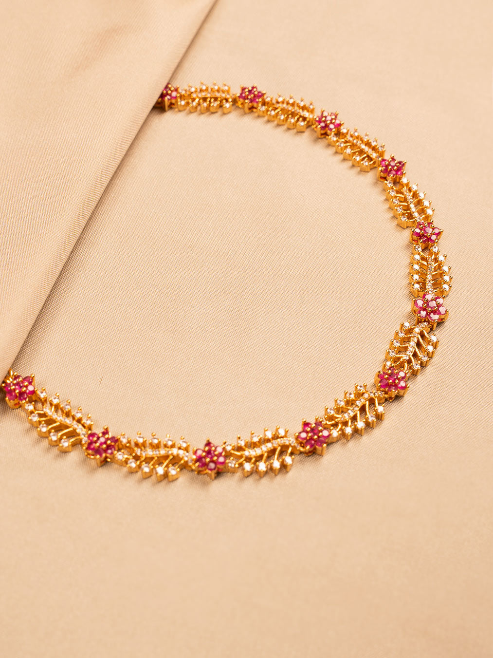 Leaf & Floral Choker Necklace with Red Stone Accents