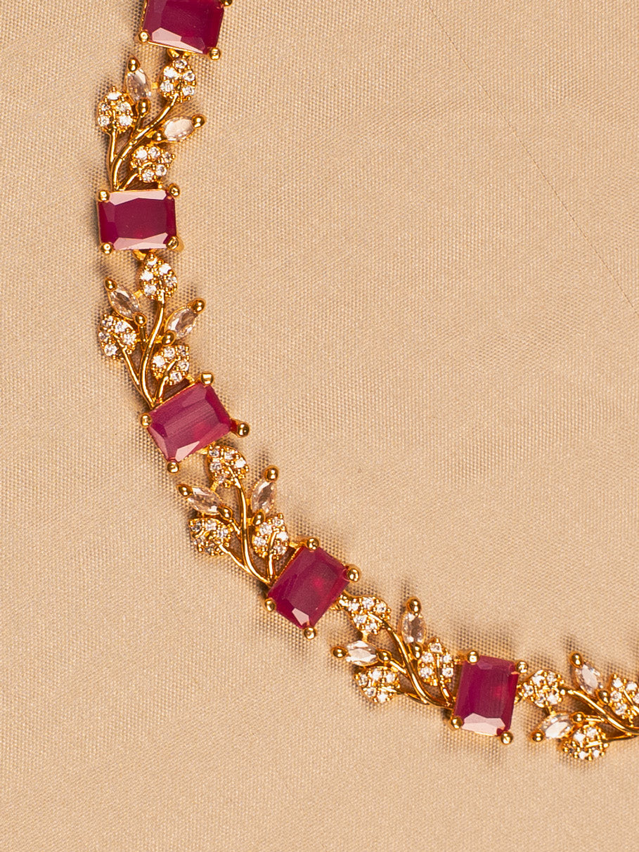 Ruby Red Stone Floral Necklace – Gold-Toned Elegance for Women