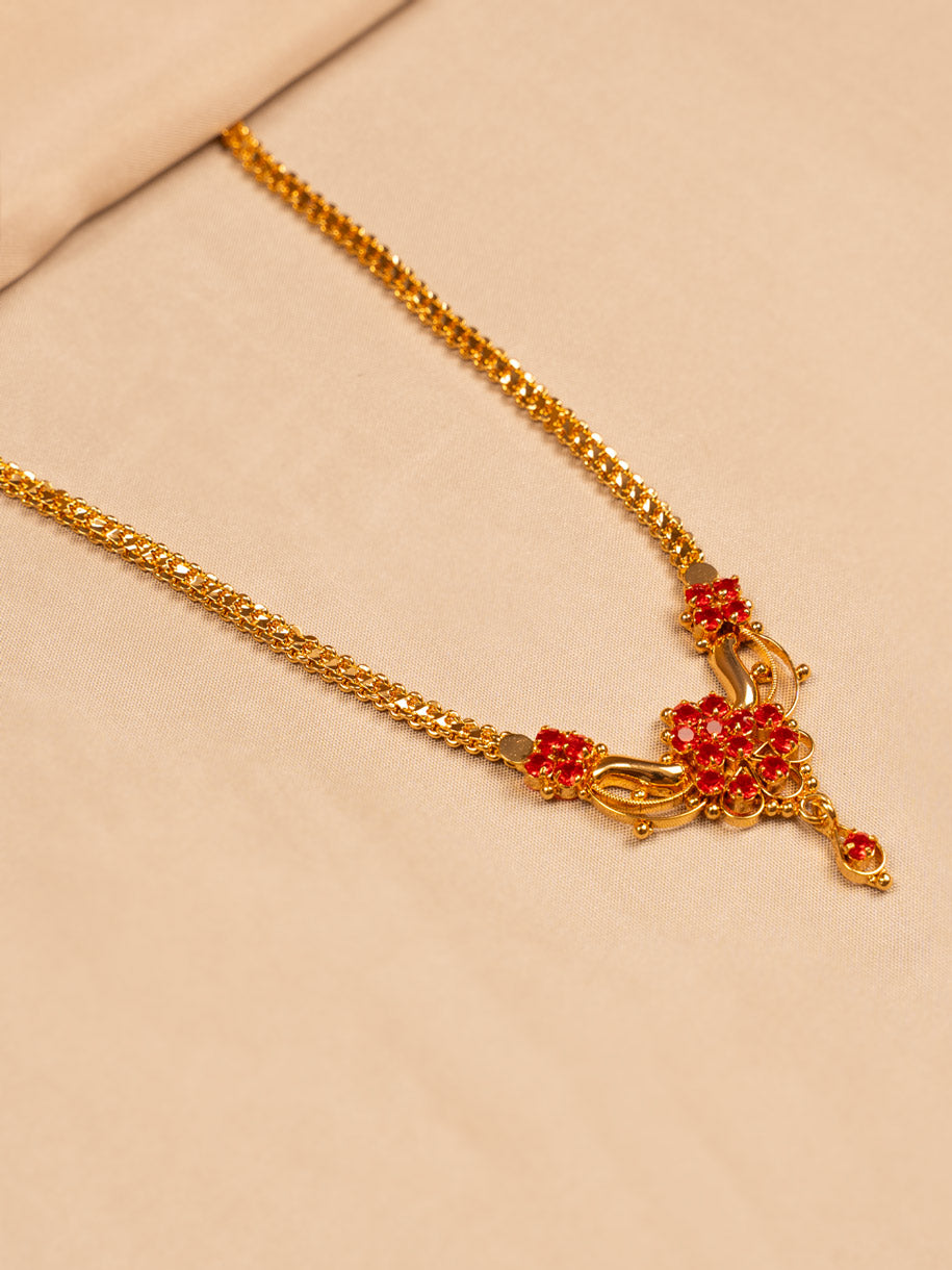 Red Stone Floral Pendant Necklace – Gold Plated Chain for Women