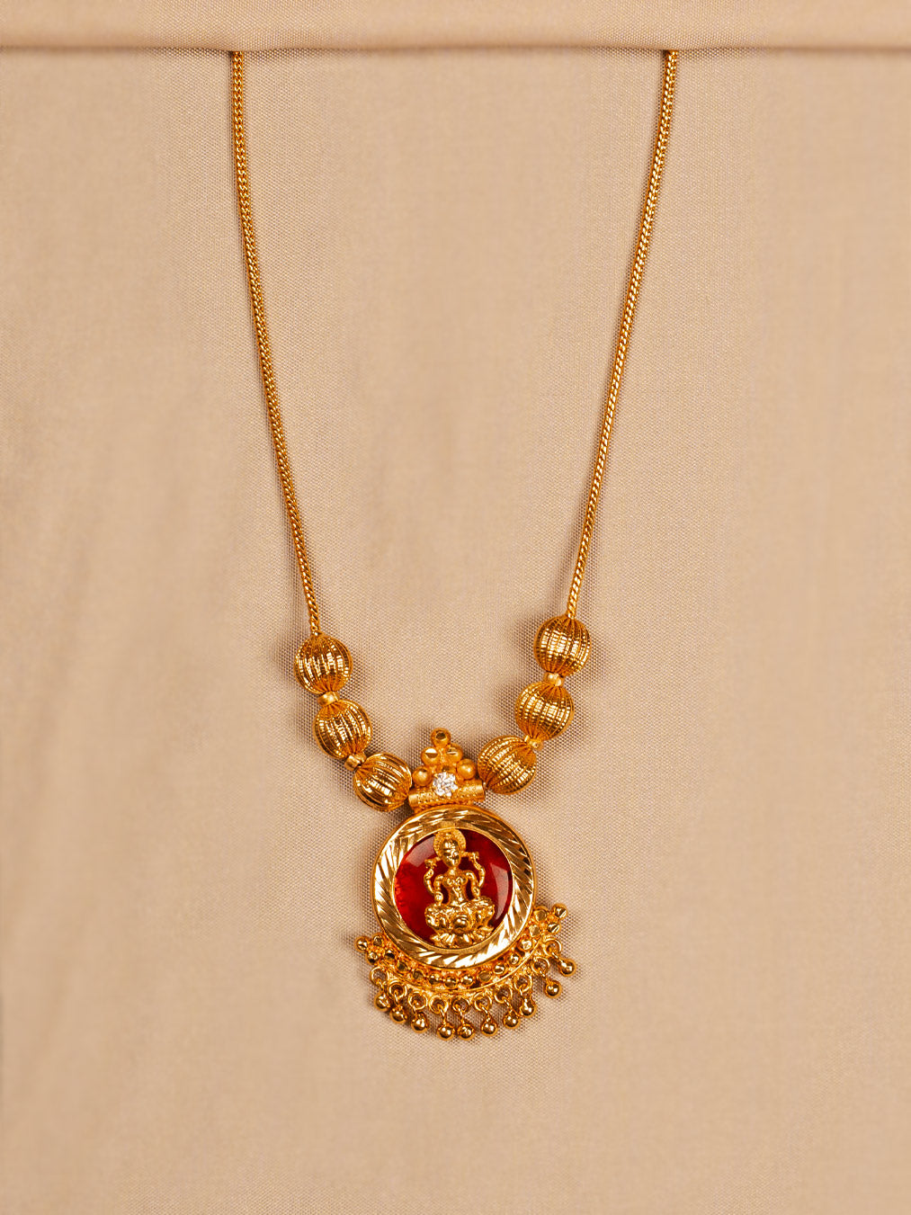 Traditional Lakshmi Pendant Necklace with Red Enamel and Gold Finish