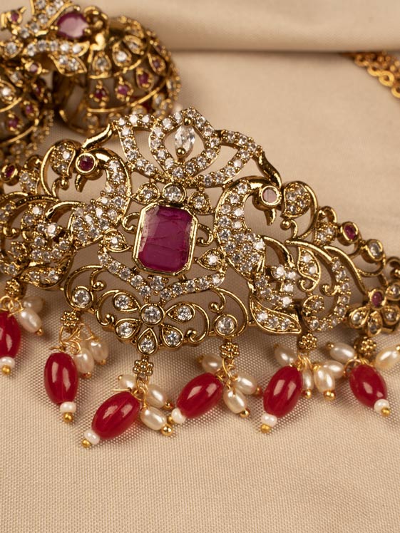 Elegant Red and white Stone Choker Necklace with Earring kc308