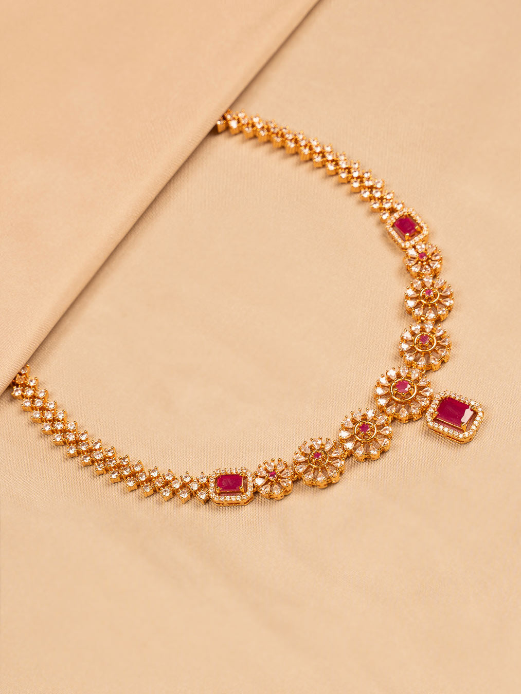 Gold-Toned Ruby Necklace for Women with Floral and Square-Cut Stone Design