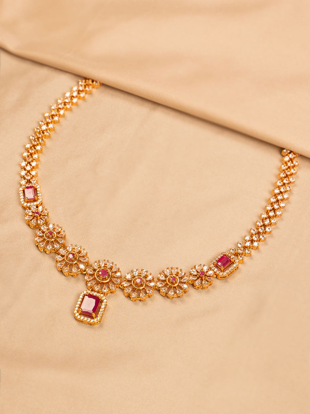 Gold-Toned Ruby Necklace for Women with Floral and Square-Cut Stone Design
