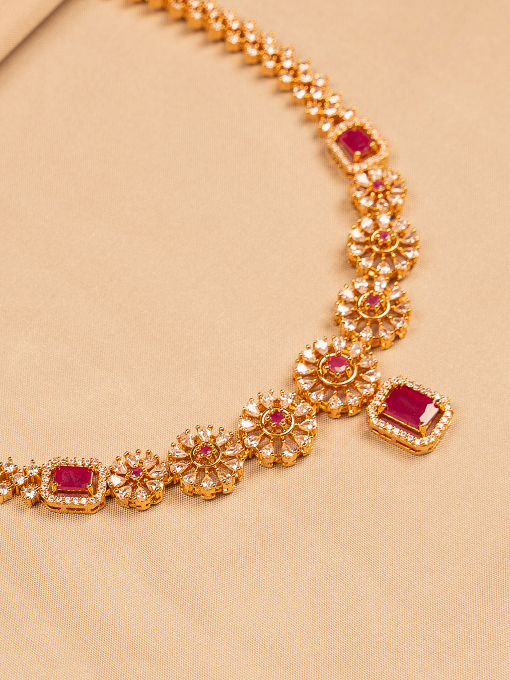 Gold-Toned Ruby Necklace for Women with Floral and Square-Cut Stone Design KC509