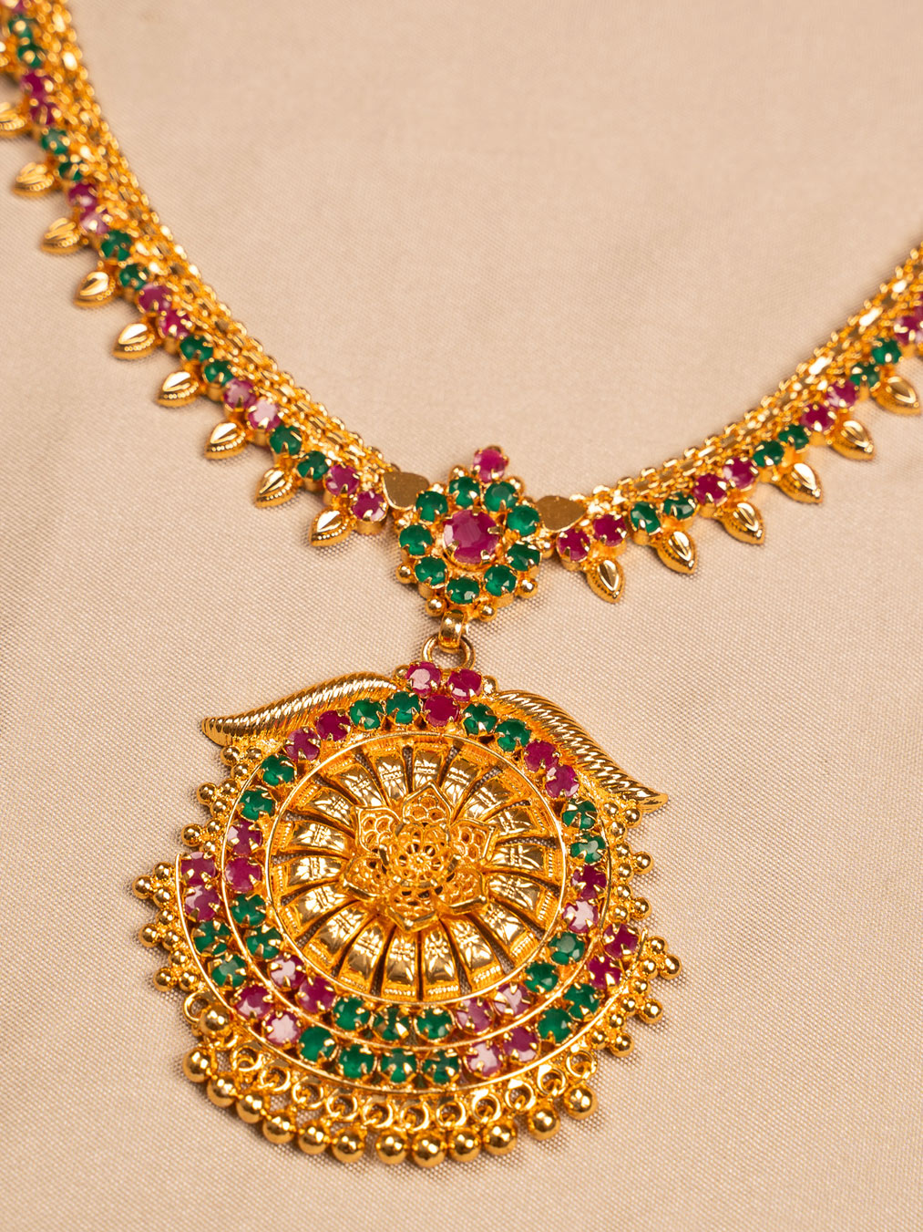 Traditional Mango Motif Necklace with Green & Red Stones