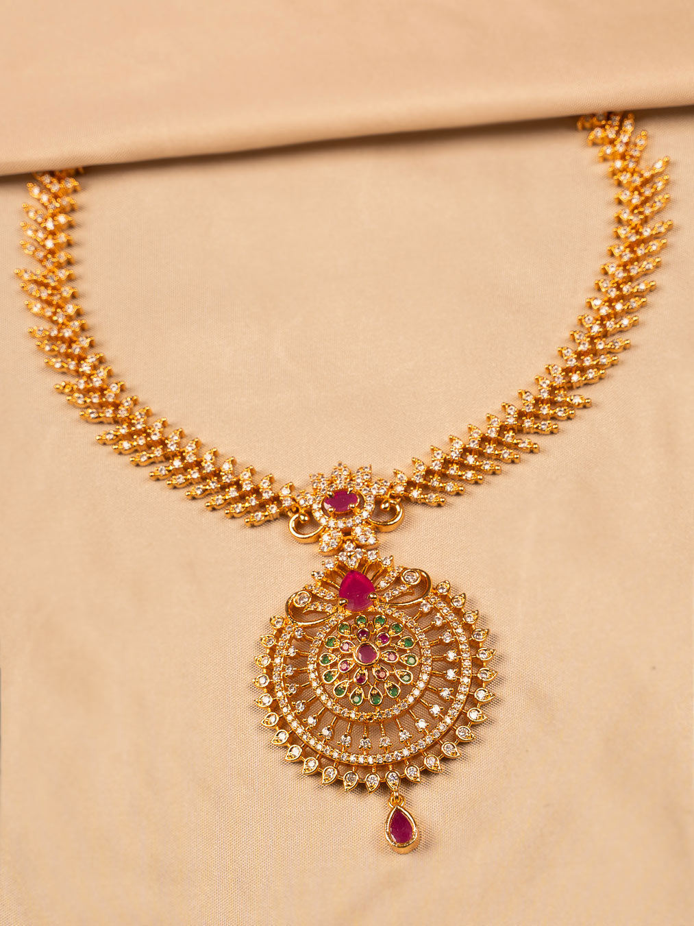 Bridal Temple Necklace with Ruby, Emerald & CZ Stones