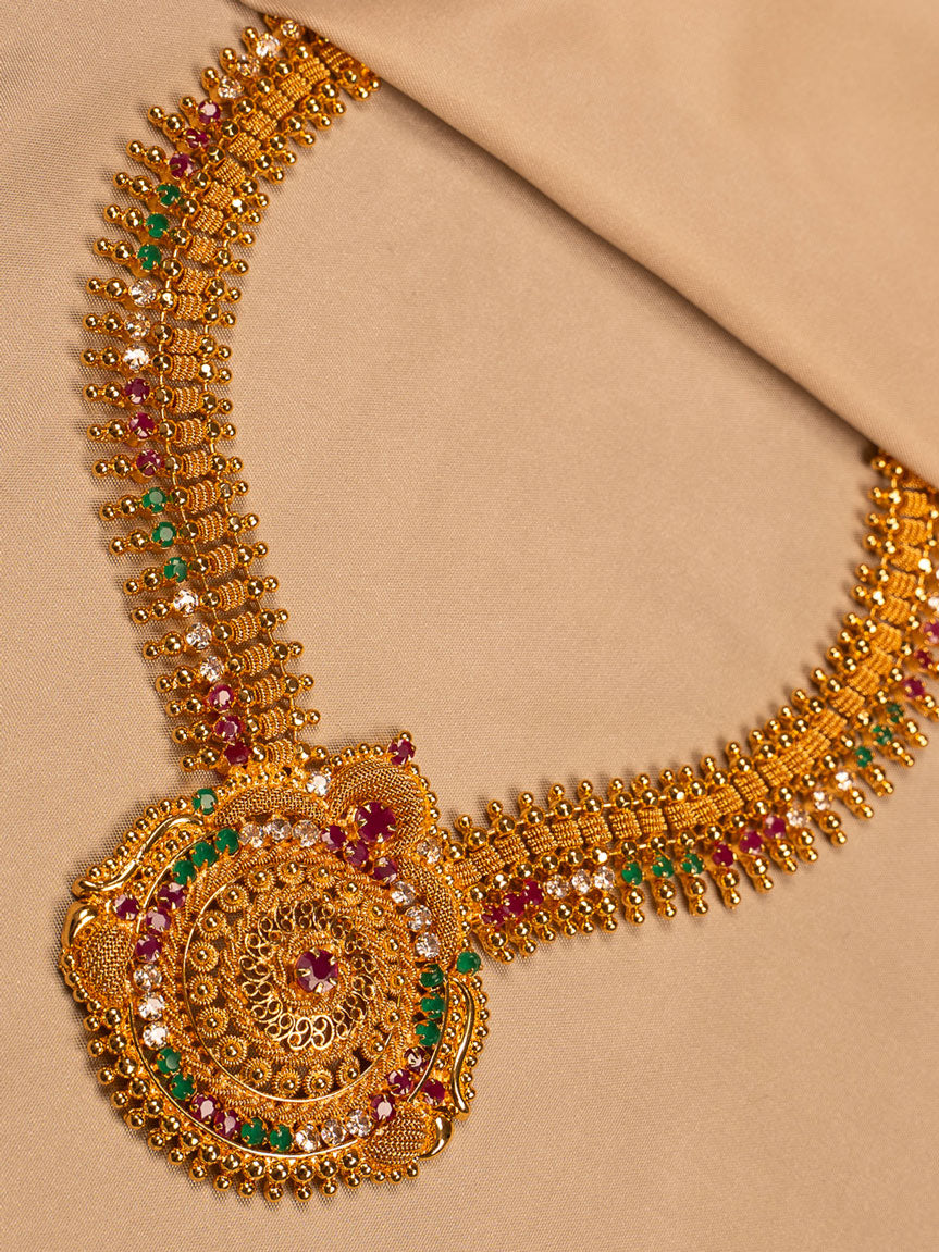 Traditional Gold-Plated Temple Necklace with Multicolor Stone Embellishments