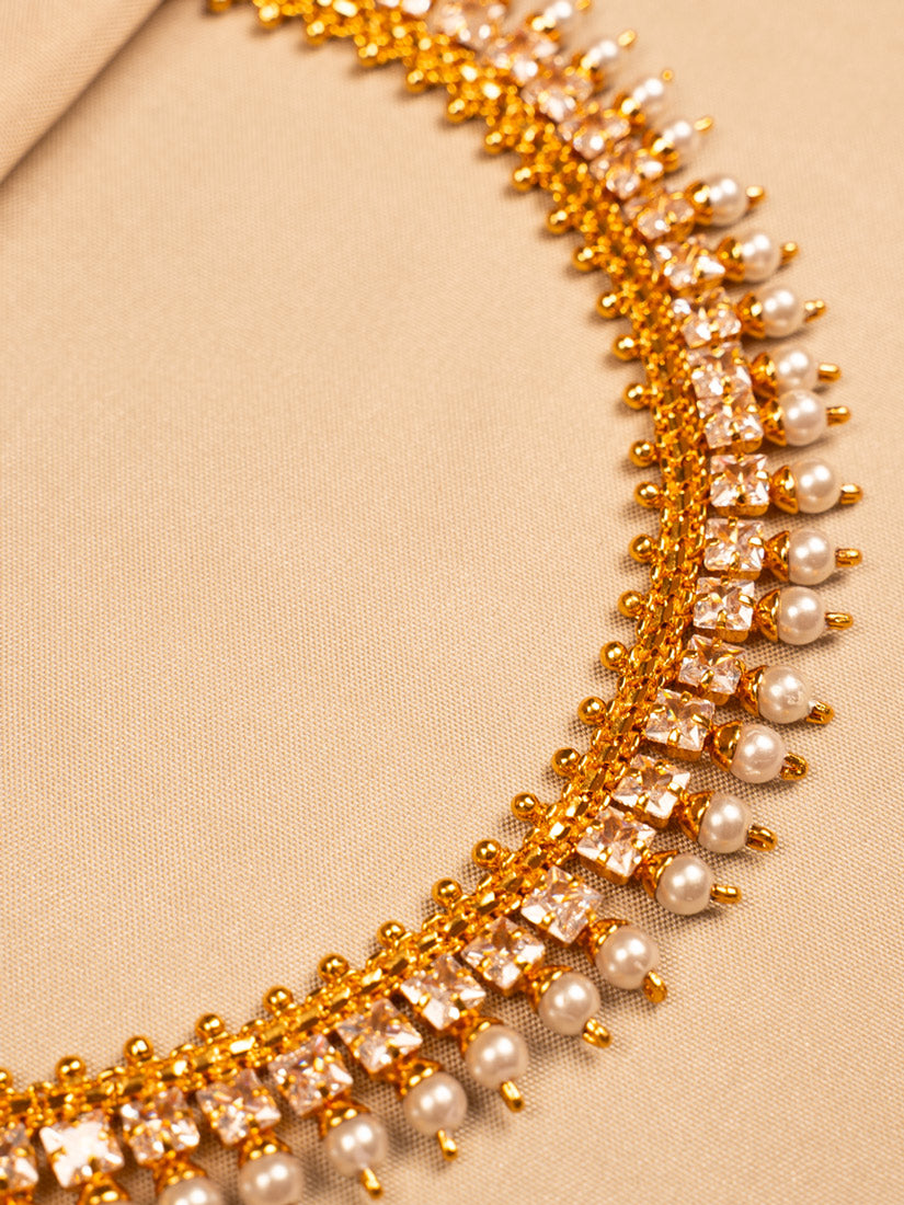 Pearl Drop Gold Choker Necklace with Crystal Accents – Traditional Indian Jewellery