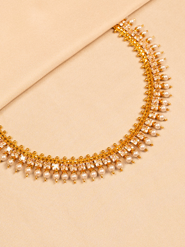 Pearl Drop Gold Choker Necklace with Crystal Accents – Traditional Indian Jewellery