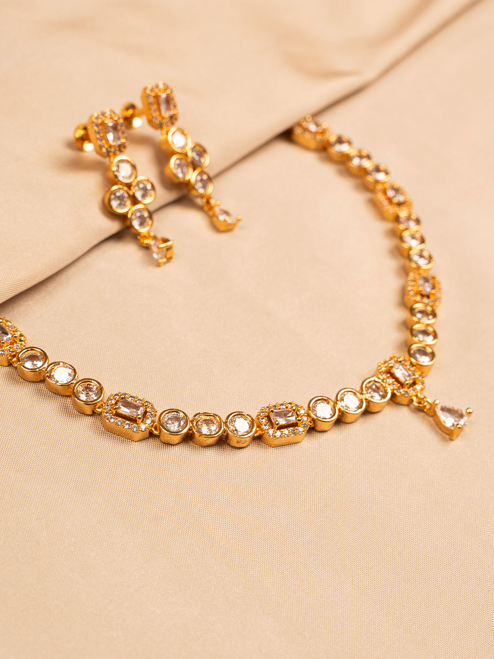Elegant Gold-Toned Necklace Set with Clear White Stones and Earrings