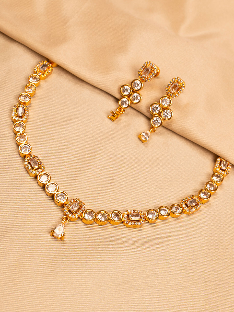 Elegant Gold-Toned Necklace Set with Clear White Stones and Earrings