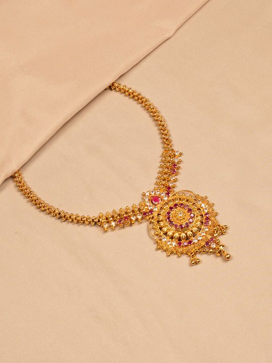 Royal Ruby-Studded Traditional Gold Necklace with Intricate Pendant