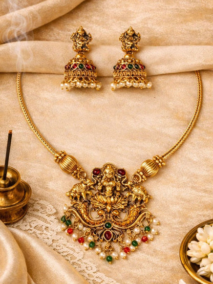 Lakshmi Temple Necklace Set with Ruby