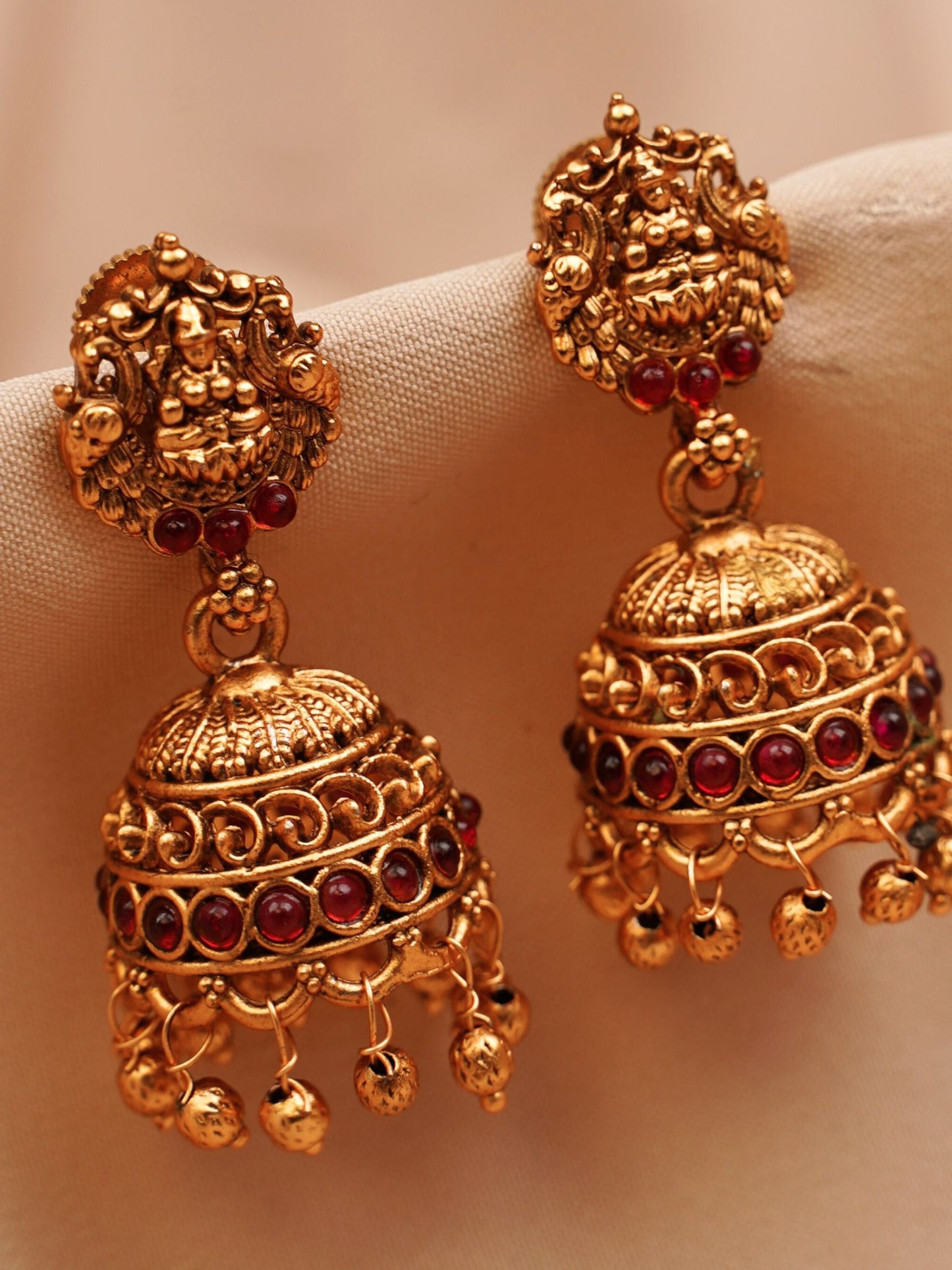 Lakshmi Temple Jhumkas with Ruby Stones