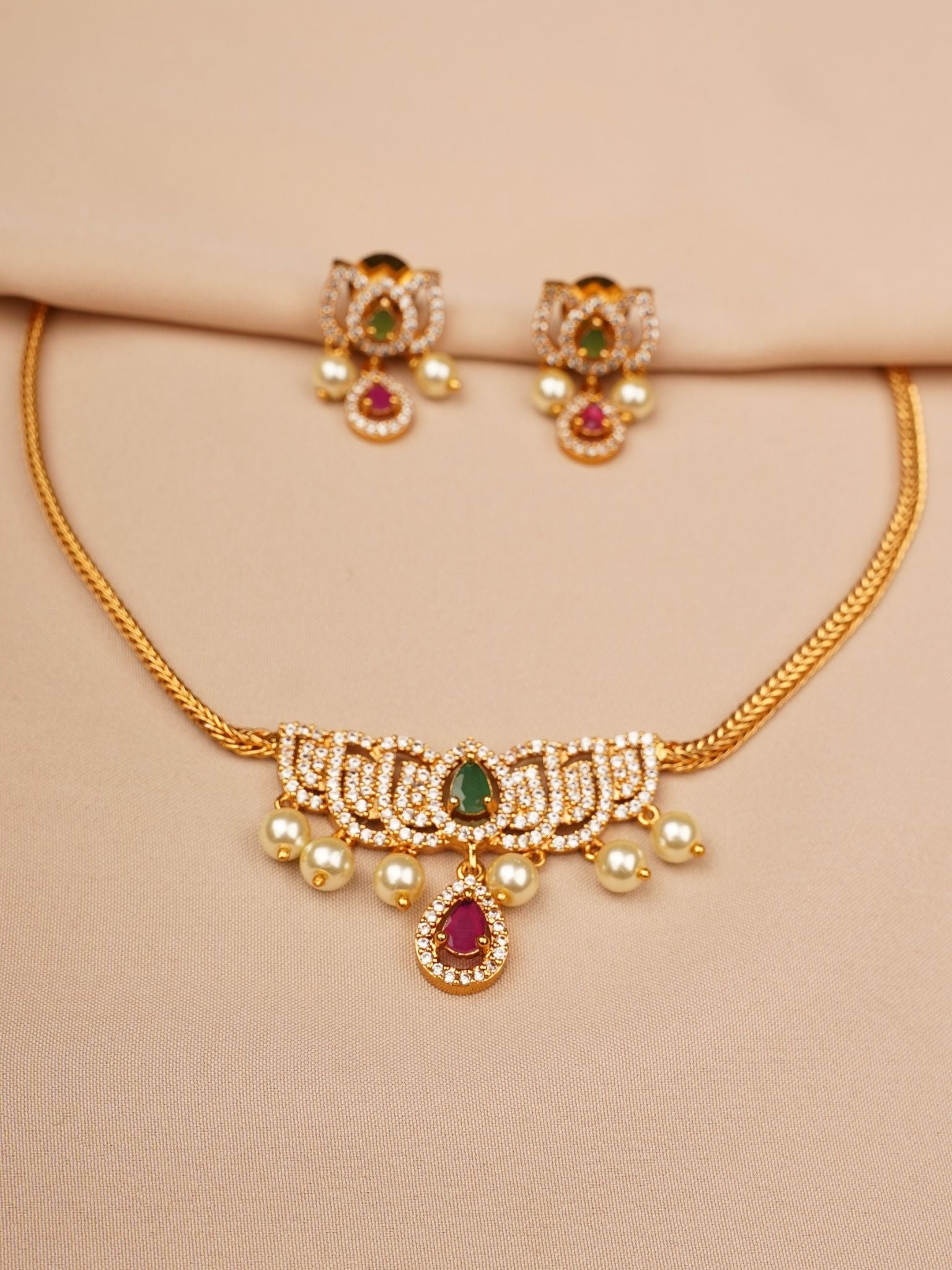 Emerald–Ruby Pearl Drop Necklace & Earrings Set