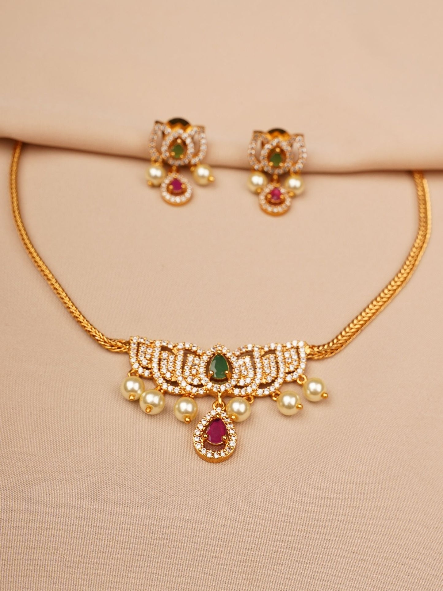 Emerald–Ruby Pearl Drop Necklace & Earrings Set