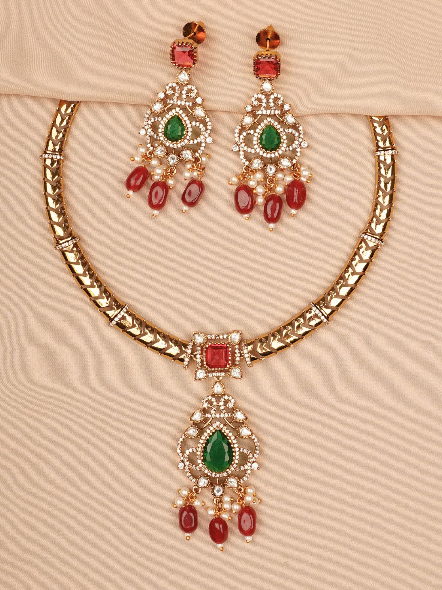 Majestic Ruby–Emerald Temple Drop Necklace & Earrings Set