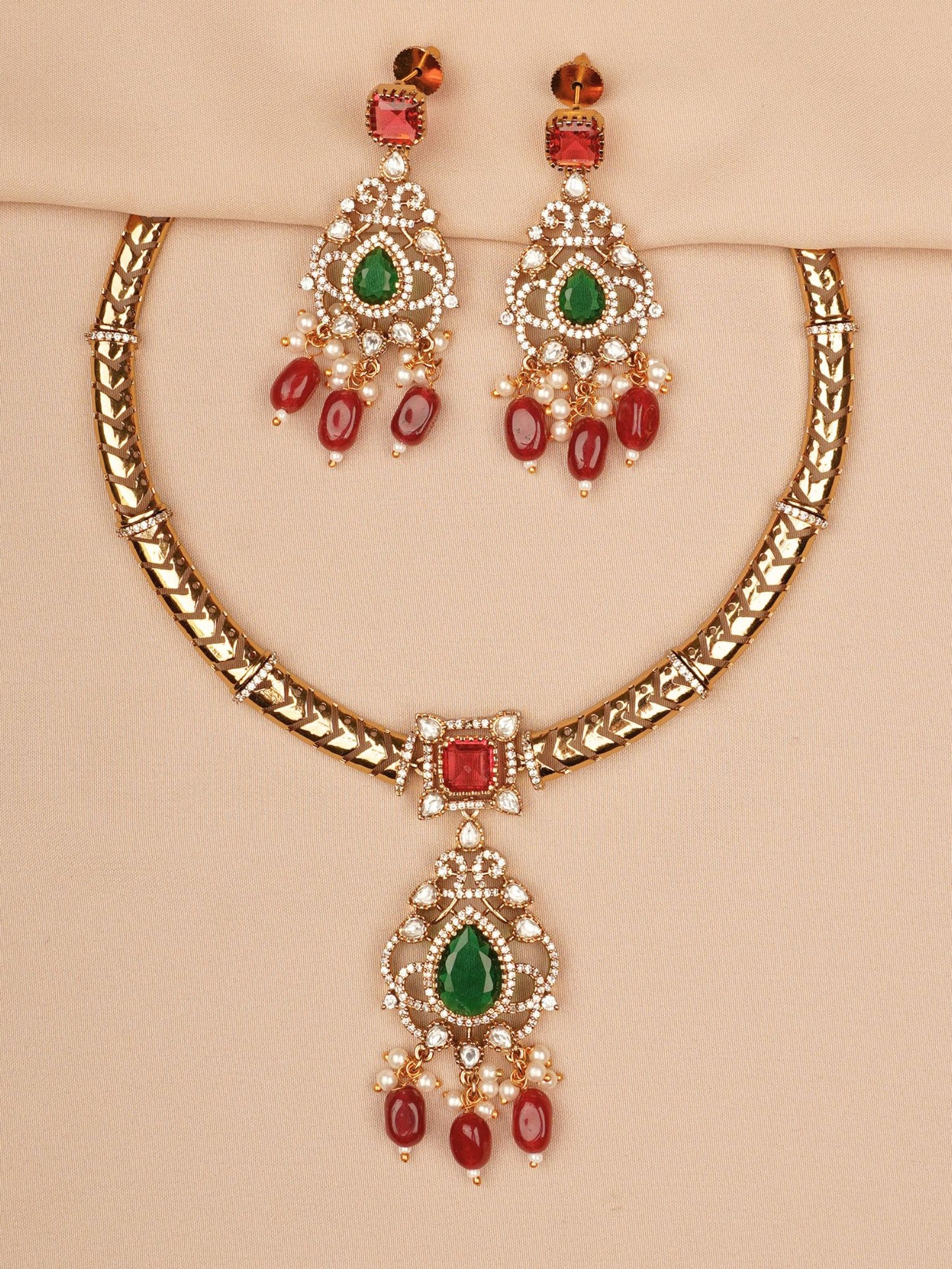 Majestic Ruby–Emerald Temple Drop Necklace & Earrings Set