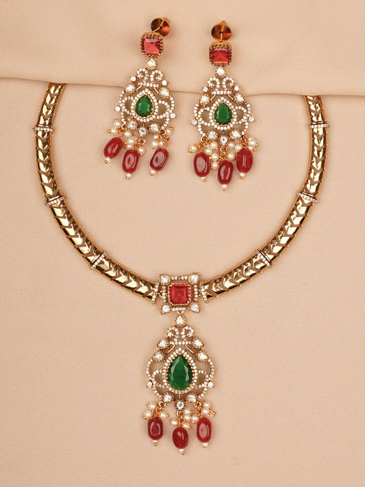 Majestic Ruby–Emerald Temple Drop Necklace & Earrings Set