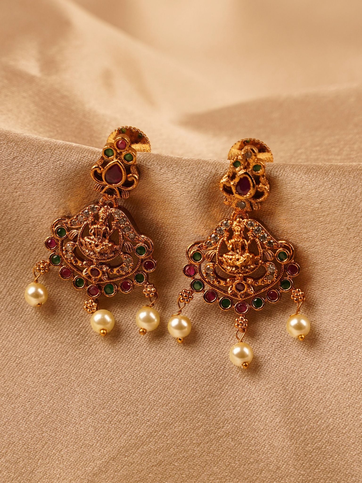 Lakshmi Navratna Pearl Temple Earrings