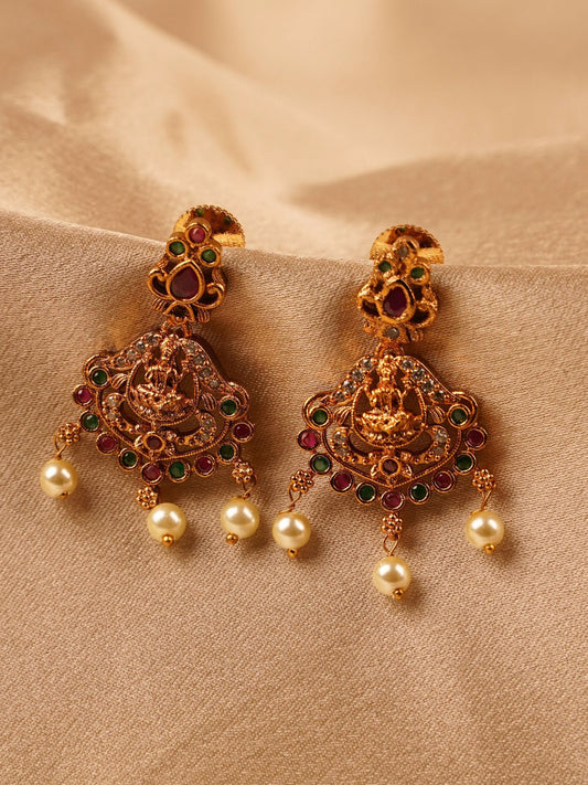 Lakshmi Navratna Pearl Temple Earrings