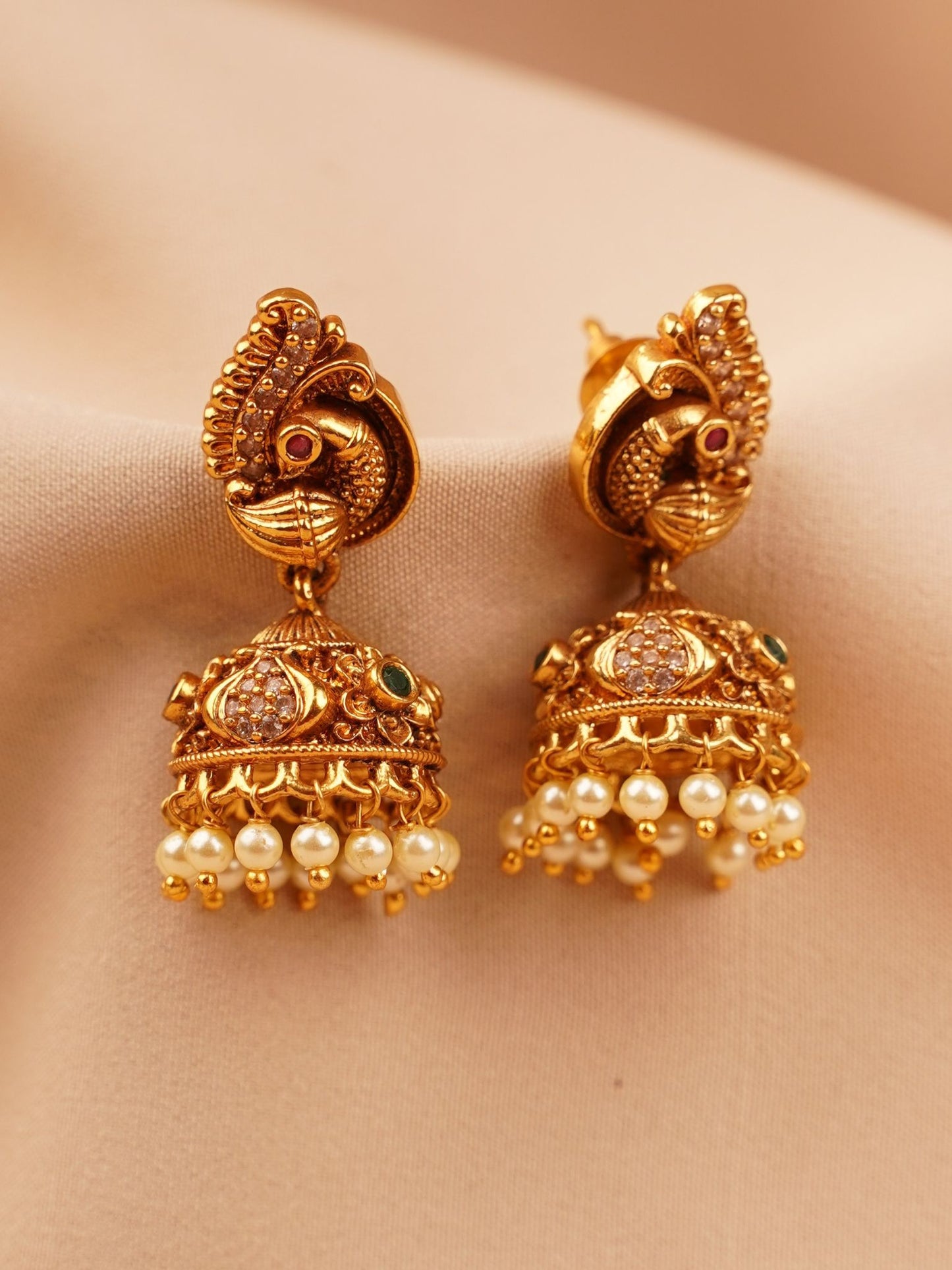 Peacock Temple Jhumka Earrings with Crystal Dome