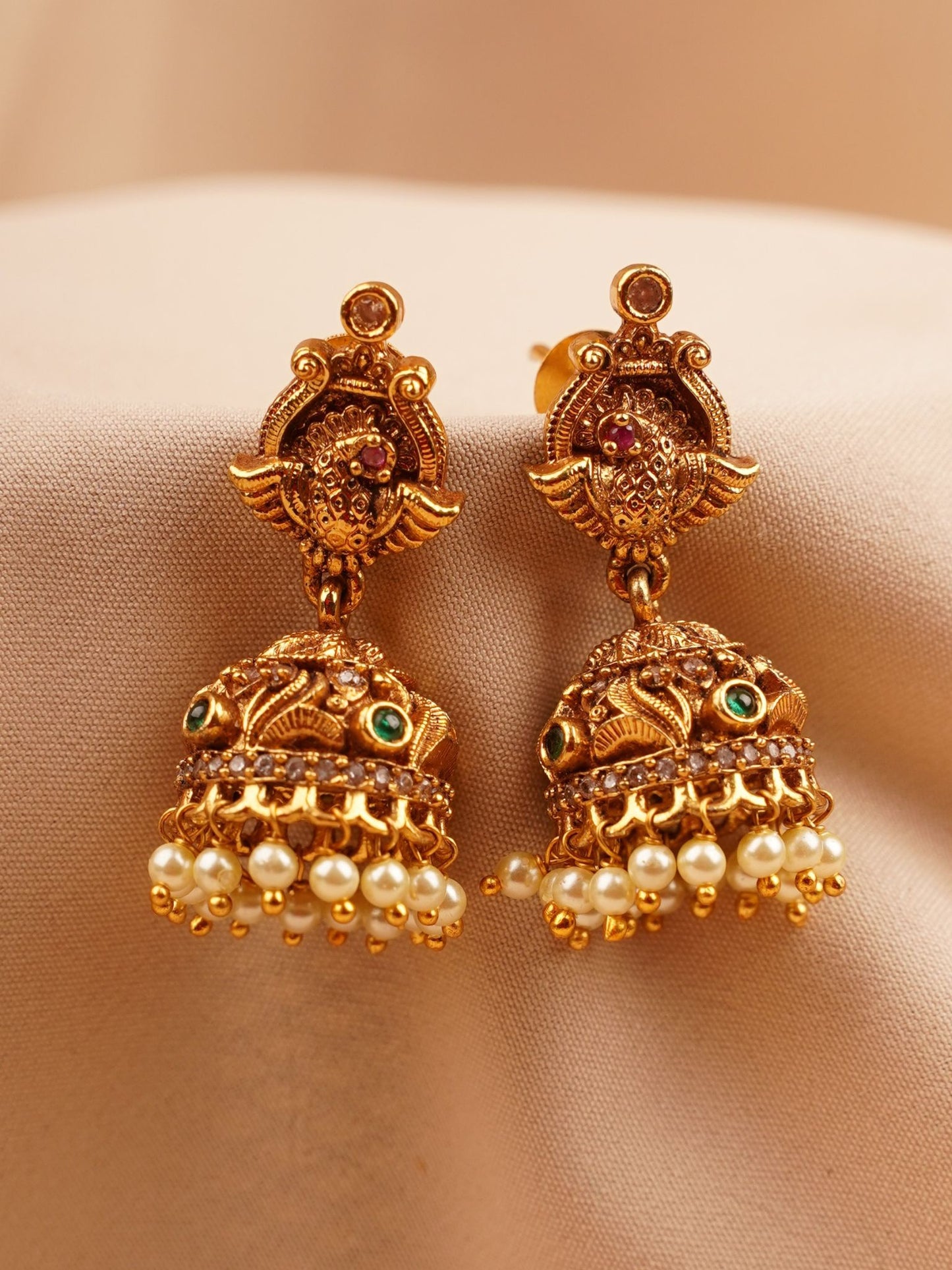 Peacock Temple Jhumka Earrings with Pearl Drops