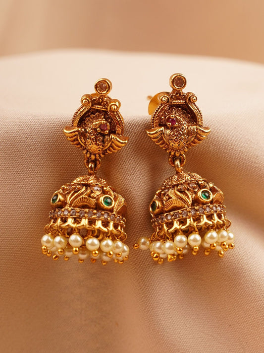 Peacock Temple Jhumka Earrings with Pearl Drops