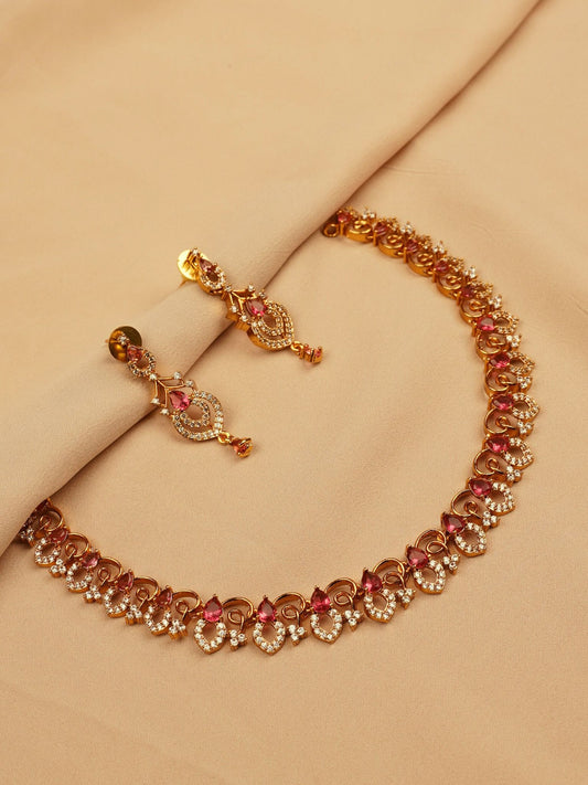 Gold-Plated Ruby Red Necklace Set with Earrings