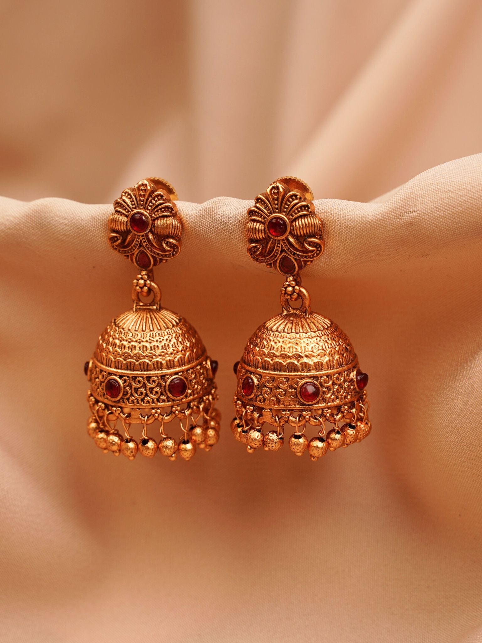 Ruby Floral Temple Jhumkas