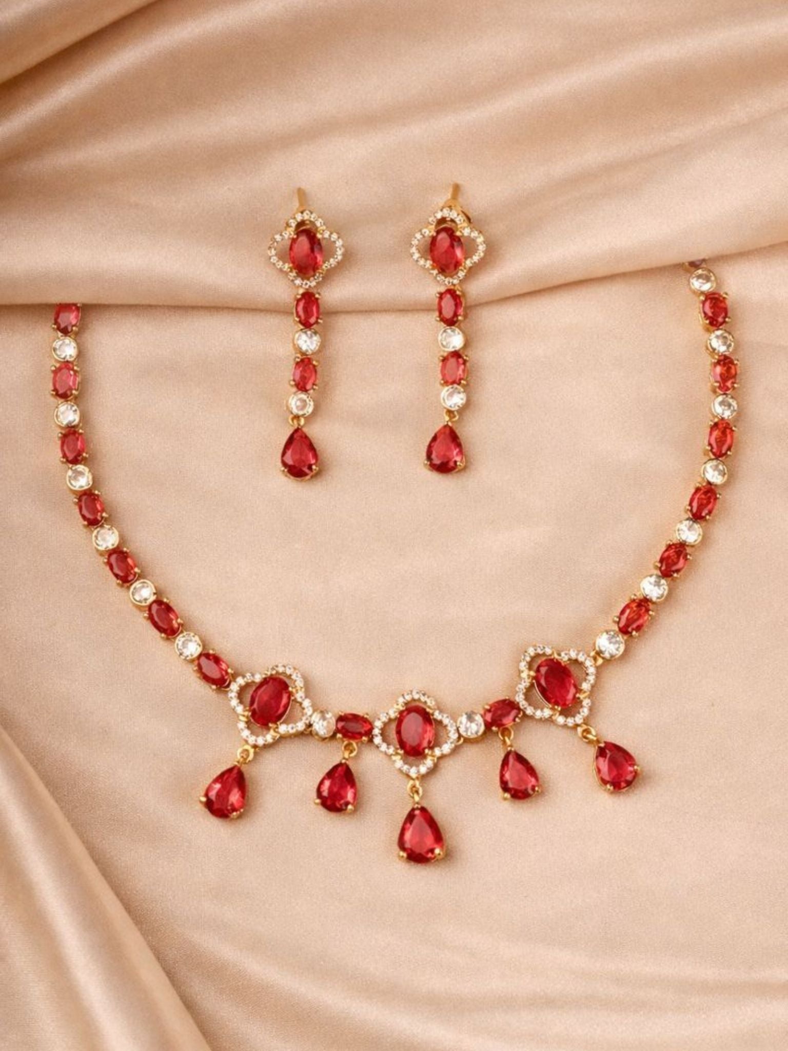 Ruby Red Crystal Drop Necklace Set