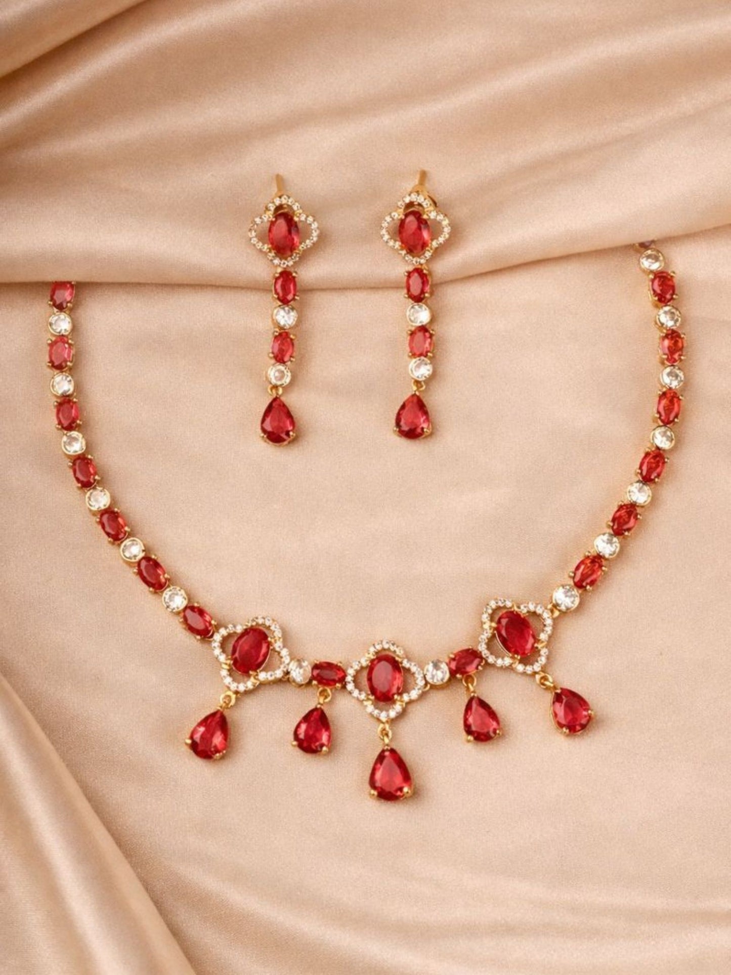 Ruby Red Crystal Drop Necklace Set