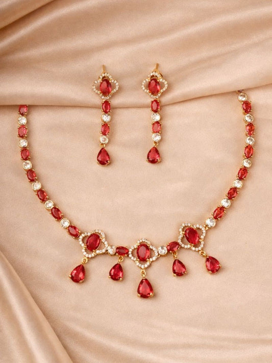 Ruby Red Crystal Drop Necklace Set