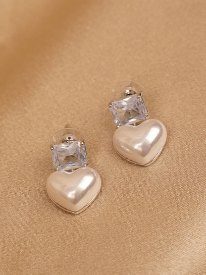 Crystal Heart Pearl Drop Earrings