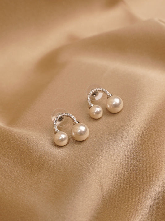 Dual Pearl Crystal Arc Stud Earrings
