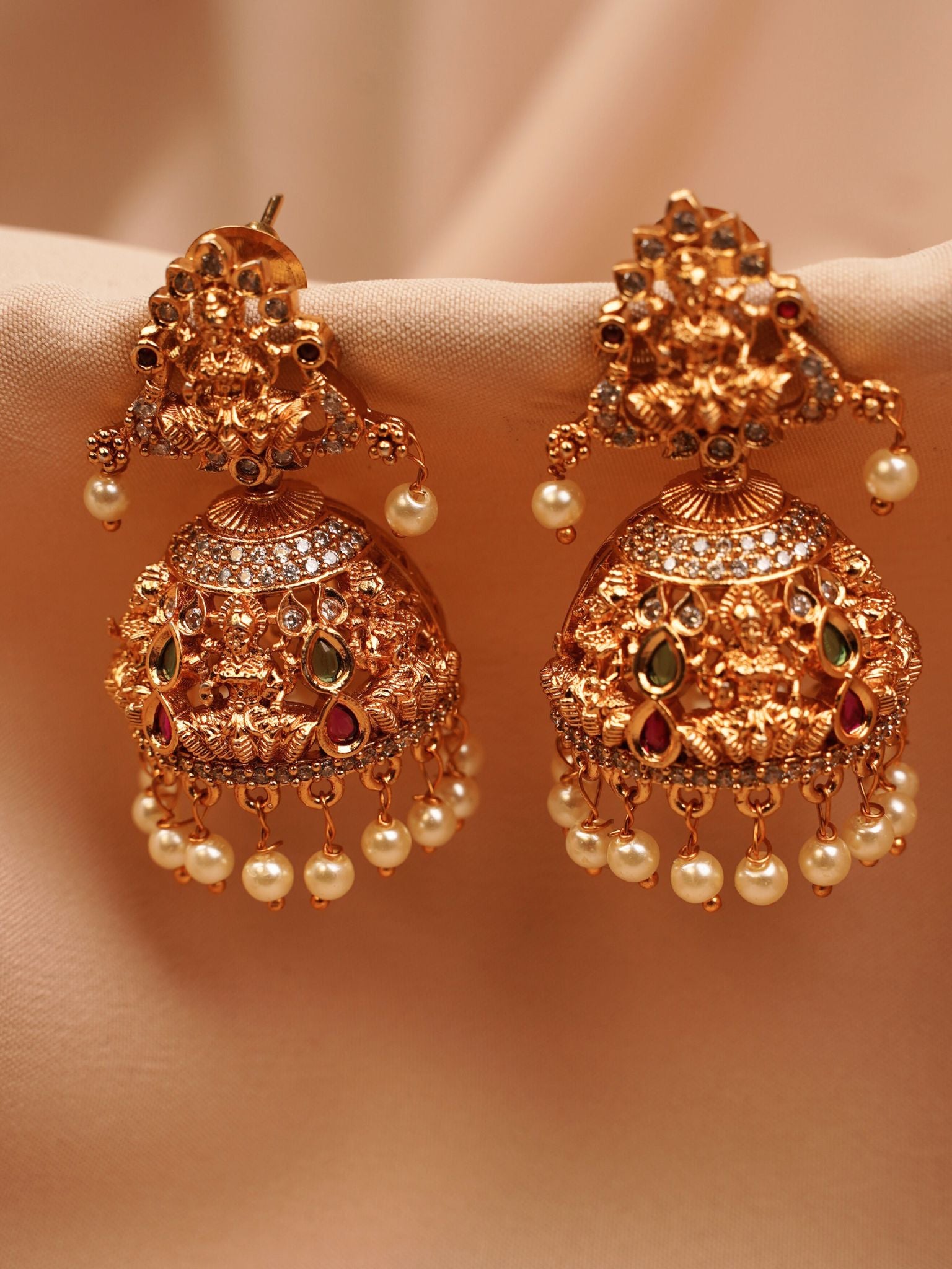 Bridal Lakshmi Temple Jhumkas with Pearls